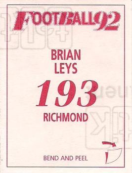 1992 Select AFL Stickers #193 Brian Leys Back